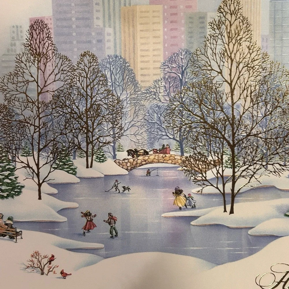 VTG 8 Christmas Holiday Cards Bustling City Fancy Trees People Skating Business